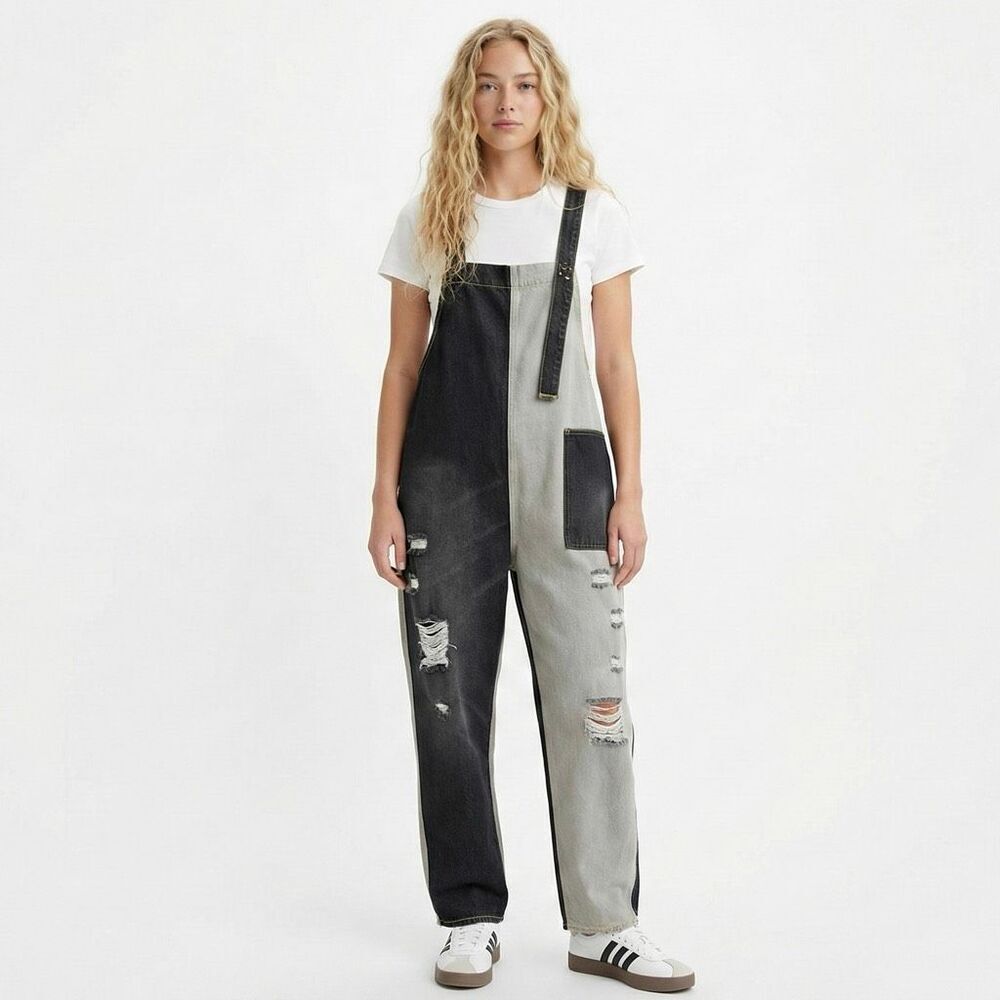 Monthorigin Colorblock Denim Overalls Distressed Baggy Artsy Boho Lagenlook XL L